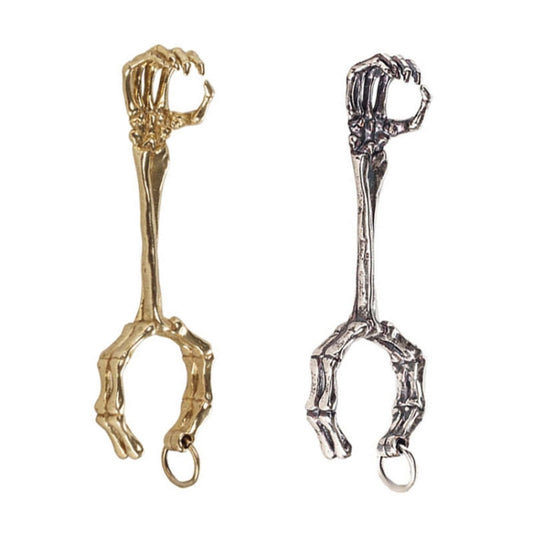 Skull hand cigarette clip ring in gold and silver plating with dangling hoop