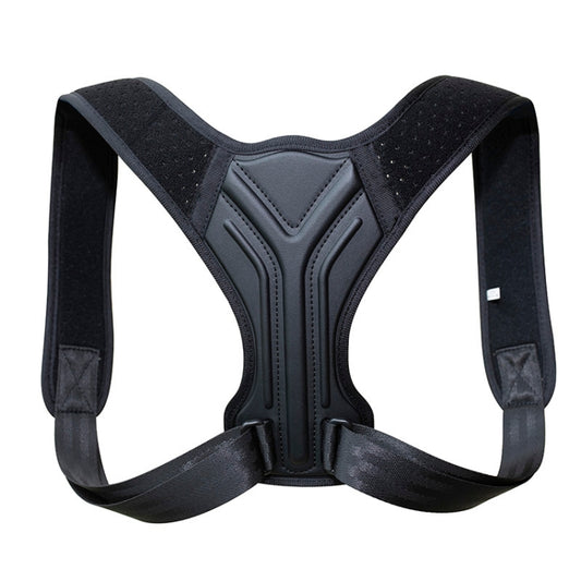 Black posture correction belt with vented center support panel and adjustable straps