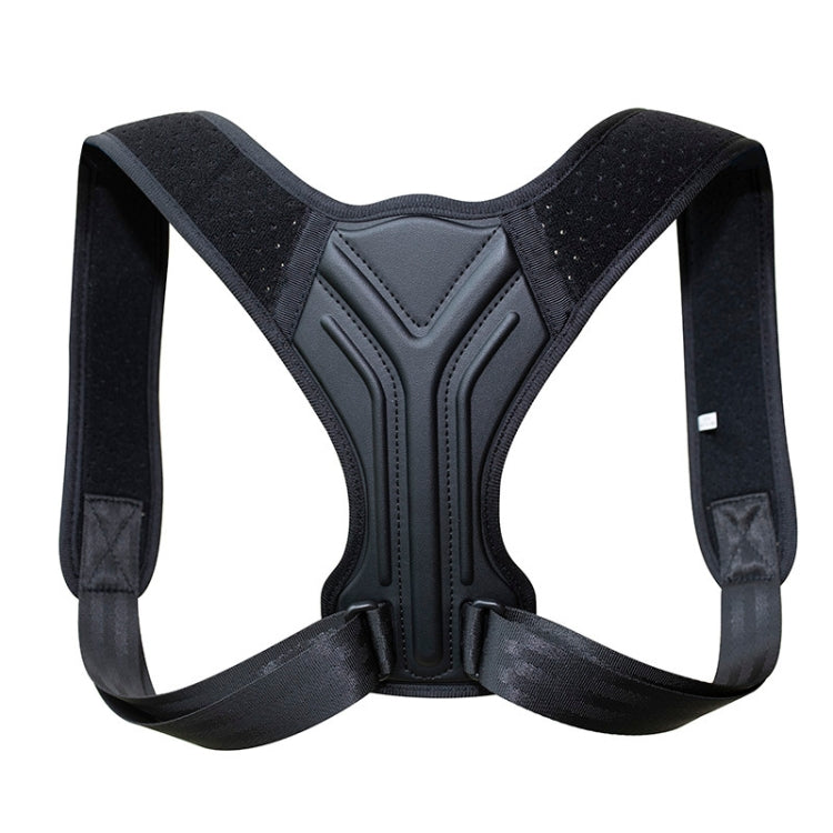 Black back posture correction belt with structured center panel and adjustable shoulder straps