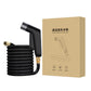 Sprinkler hose nozzle with coiled black hose, shown with product packaging box