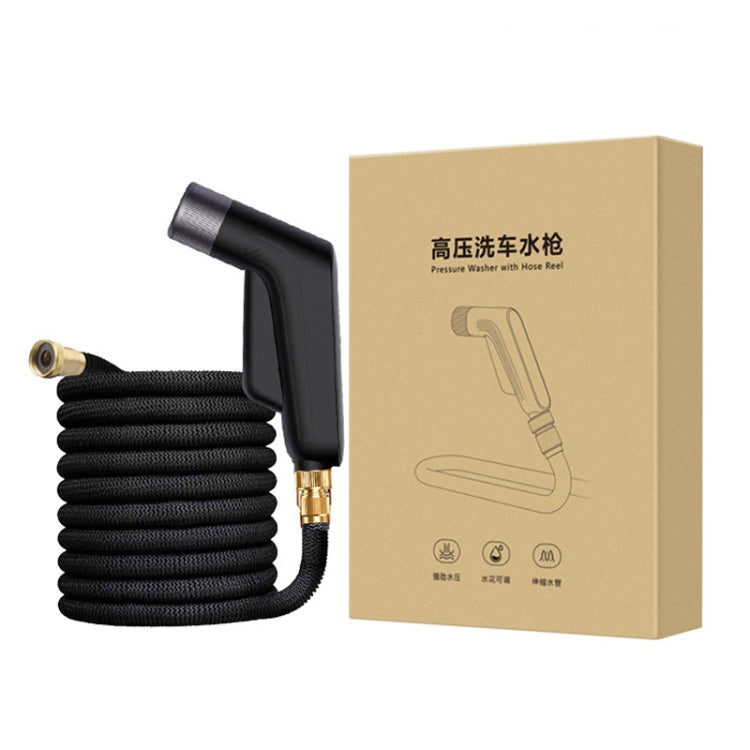 Sprinkler hose nozzle with coiled black hose, shown with product packaging box