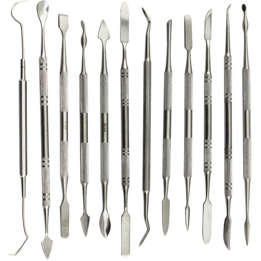 Stainless steel 12-piece dental carving tool set with textured metal handles