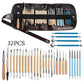 Pottery clay carving tool set with brown roll pouch and blue-handled plastic modeling tools