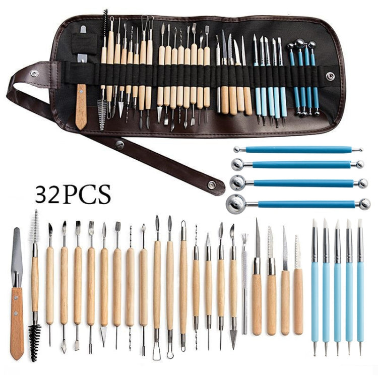 Pottery clay carving tool set with brown roll pouch and blue-handled plastic modeling tools