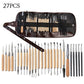 Pottery clay carving tool set in brown fabric roll with mixed metal tips and wood handles