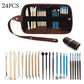 Pottery clay carving tool set with brown pouch and mixed blue, black, and wood tools