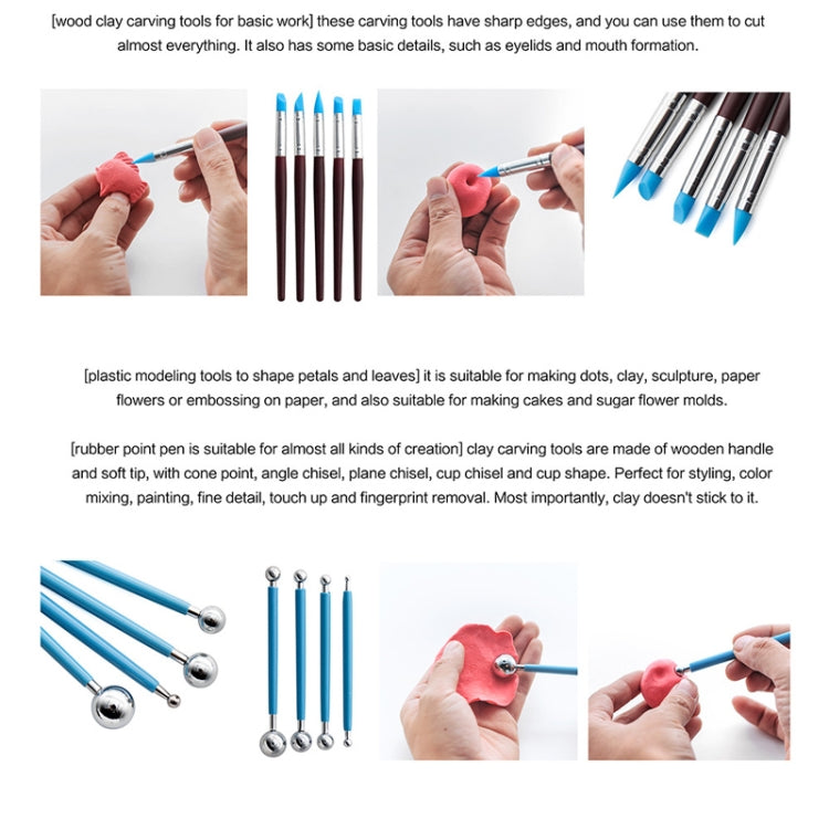Blue and gray plastic modeling tools with rounded ball tips for clay