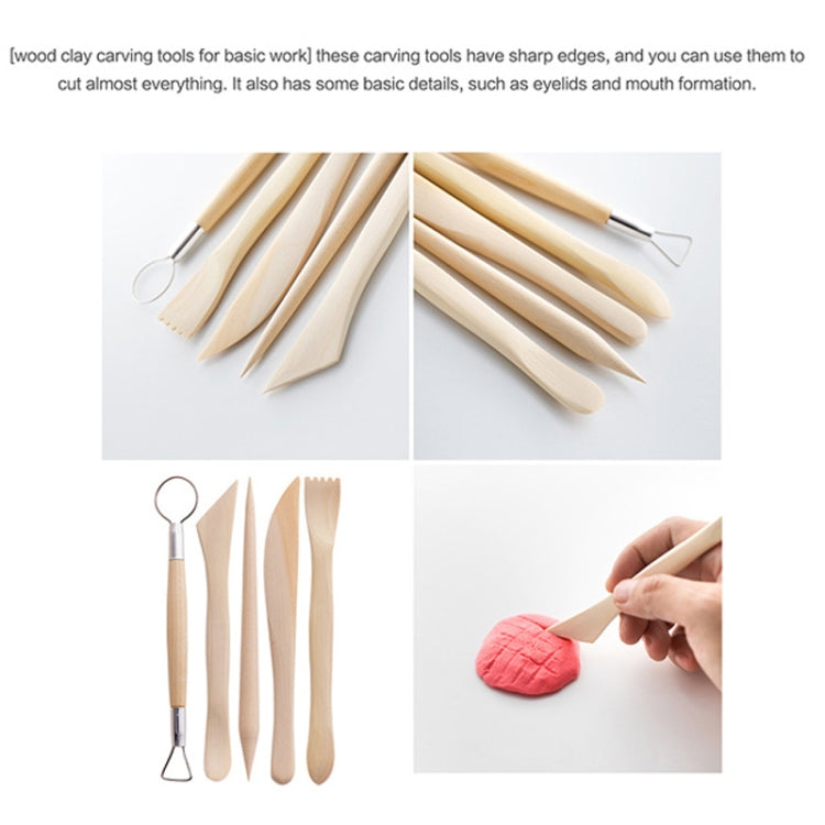 Light wood clay carving tools with metal tips for shaping and detail work