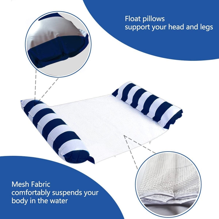Inflatable floating bed with striped bolsters and mesh fabric support for head and legs
