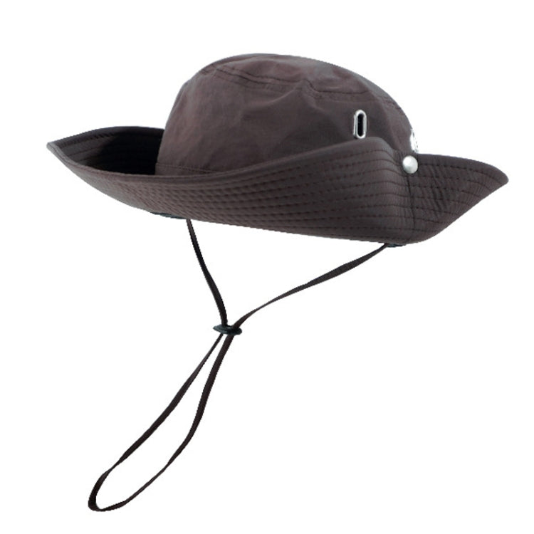 Brown breathable drawstring fisherman hat with wide brim and chin cord drawstrings