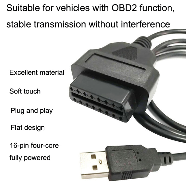 Conversion cable with flat 16-pin connector and USB plug on black cord