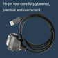 16-pin USB to OBD2 conversion cable with black connectors and coiled cord