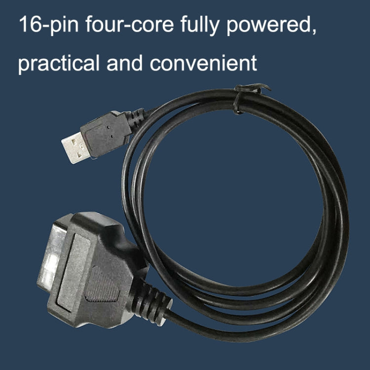 16-pin USB to OBD2 conversion cable with black connectors and coiled cord
