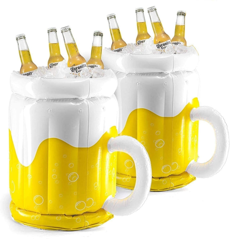 Set of inflatable PVC beer ice buckets, white tops and yellow bottoms with handles