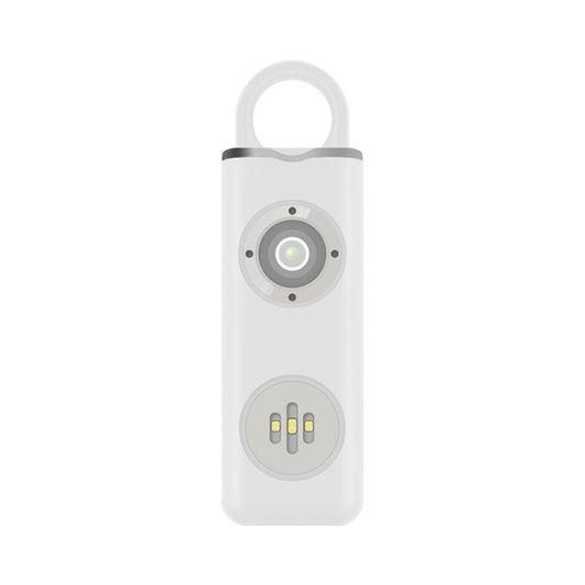 White rechargeable personal alarm keychain with key ring, speaker, and LED lens
