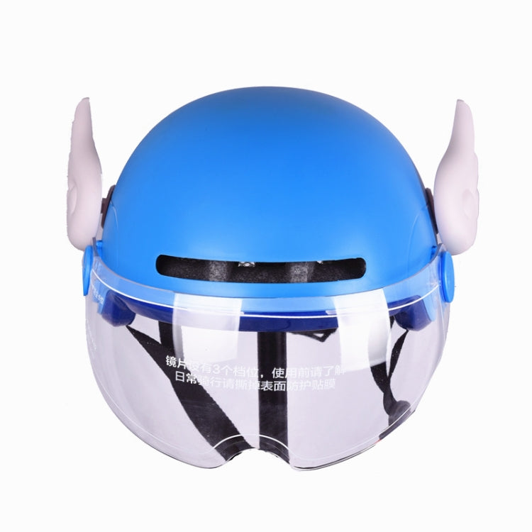 Motorcycle helmet angel wing decorations: blue helmet with pale pink side wings and clear visor