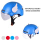 Motorcycle helmet angel wing decorations: blue helmet with white angel wings, front and side