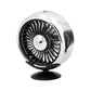 Silver dashboard USB fan with circular grille and tabletop stand base