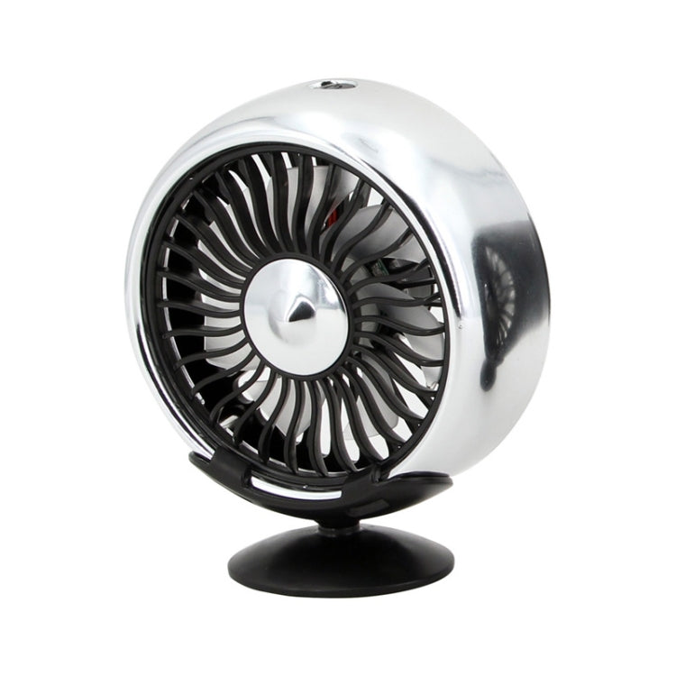 Silver dashboard USB fan with circular grille and tabletop stand base