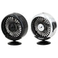 Two dashboard USB fans in black and silver with circular grilles and stands