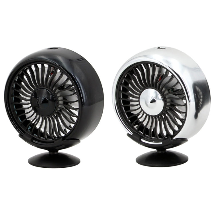 Two dashboard USB fans in black and silver with circular grilles and stands