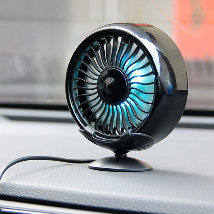 Black dashboard USB fan with blue light accents visible through grille