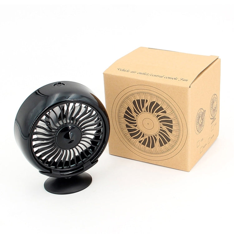 Black dashboard USB fan next to retail box with fan graphic