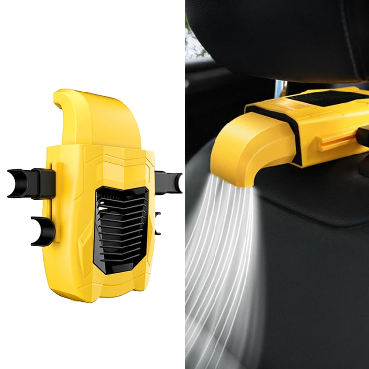 Yellow car seat back USB fan with grille and side mounting clips