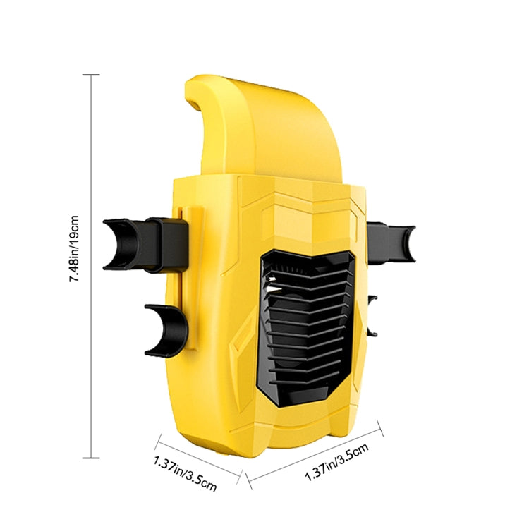 Yellow car seat back fan size view with grille and four side support clips