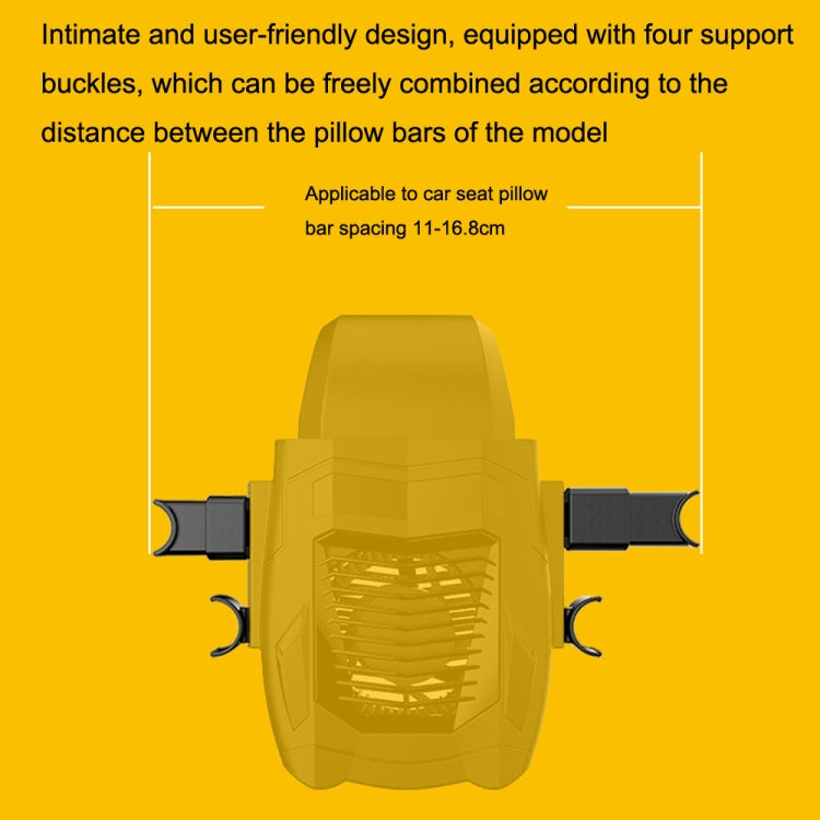 Yellow car seat back fan front view showing vented grille and clip mounts