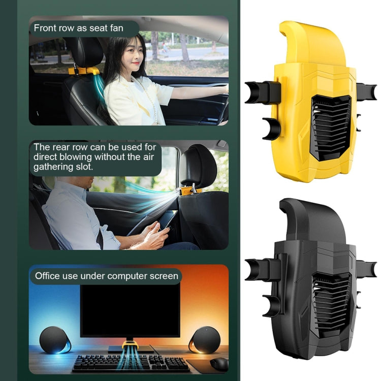 Car seat back USB fan in yellow and black, side mounting clips visible