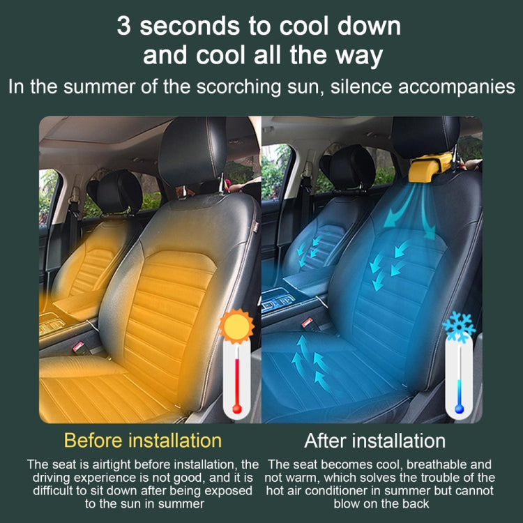 Installed car seat back fan with blue airflow effect, mounted at seatback