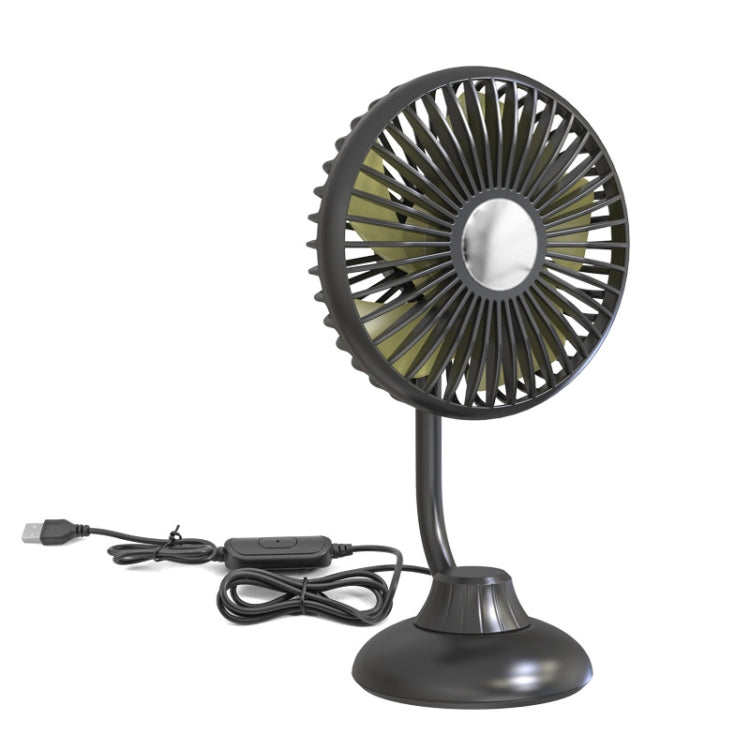 Small USB desk fan with black circular grille and pedestal base
