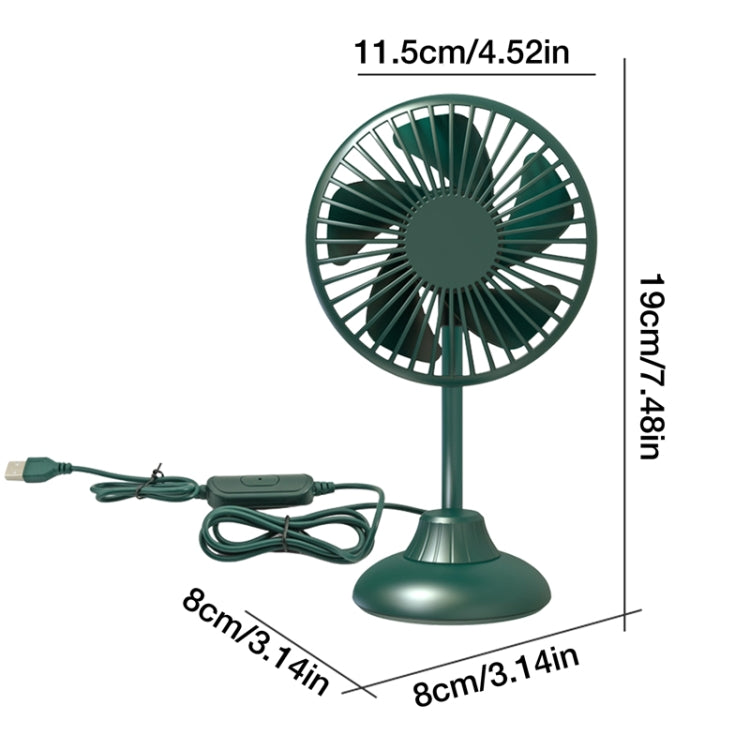Green mini USB fan with circular grille, stand base, and connected power cord