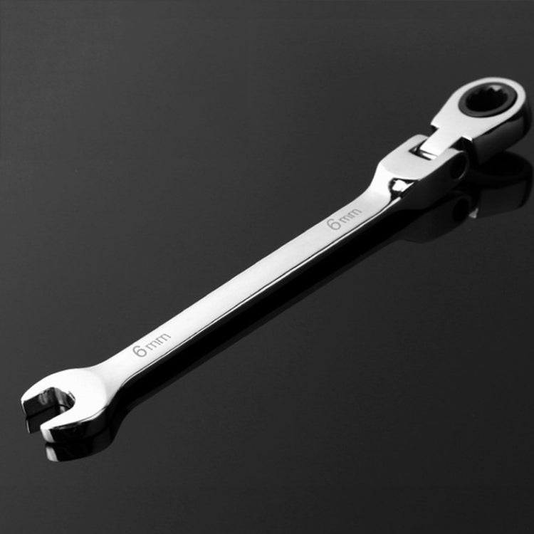 Flexible-head ratchet wrench with 6mm marking on the open-end jaw