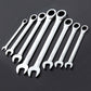 Set of chrome ratchet wrenches with offset open ends and socket drives