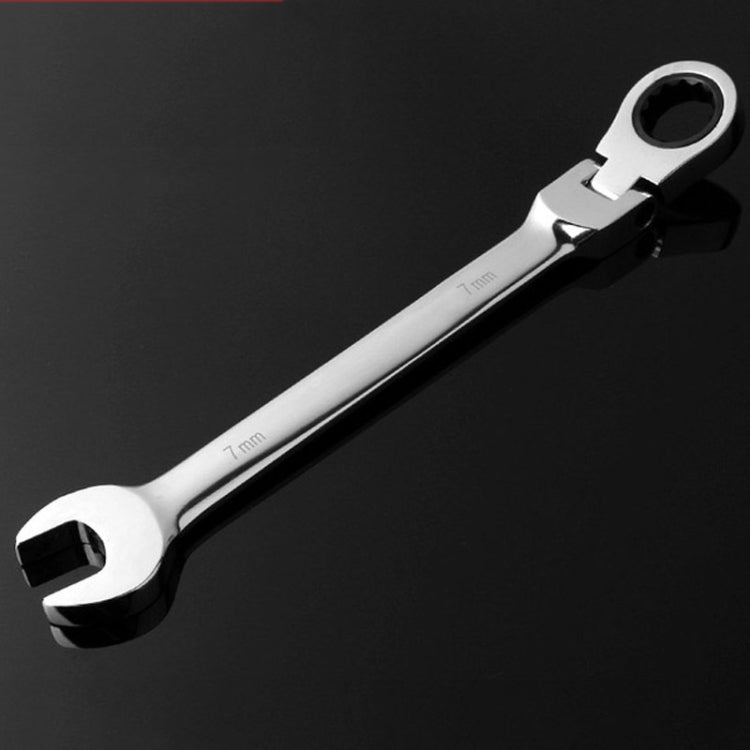 Flexible-head ratchet wrench with 7mm marking on the open-end jaw