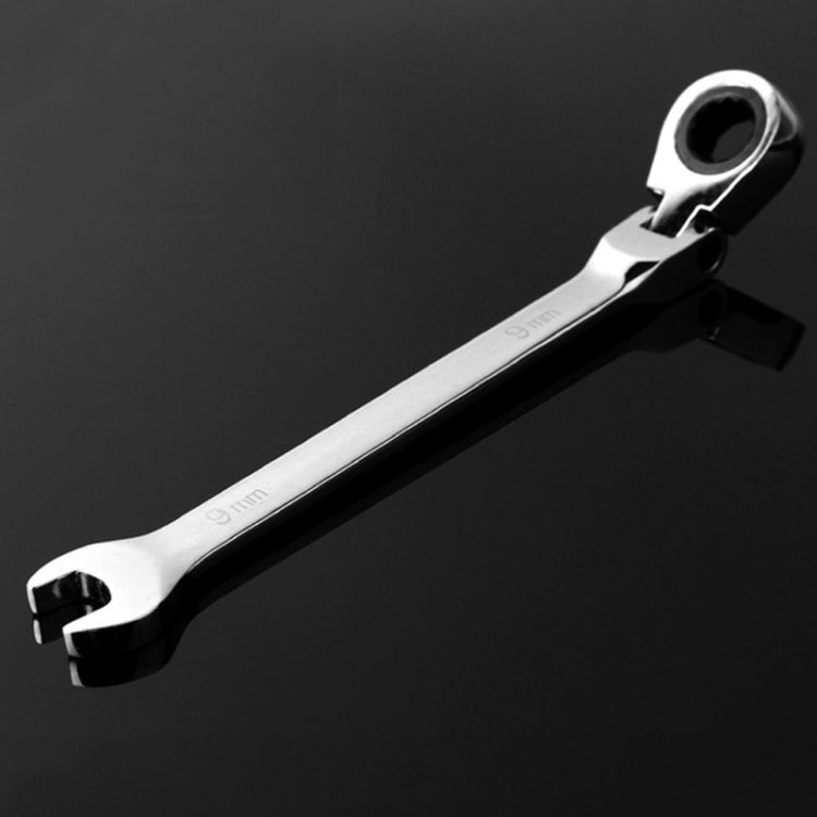 Flexible-head ratchet wrench with 9mm marking on the open-end jaw