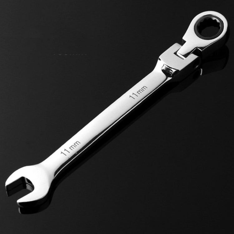 Flexible-head ratchet wrench with 11mm marking on the open-end jaw