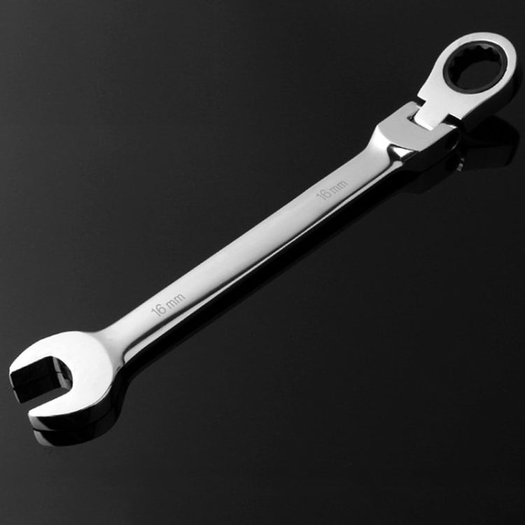 Flexible-head ratchet wrench with 16mm marking on the open-end jaw