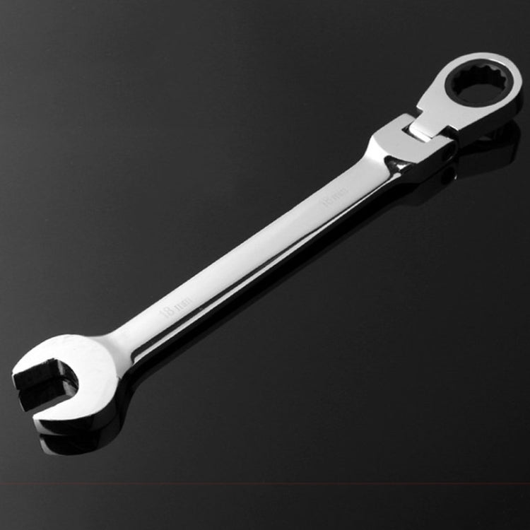 Flexible-head ratchet wrench with 18mm marking on the open-end jaw