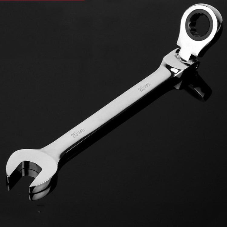 Flexible-head ratchet wrench with 20mm marking on the open-end jaw