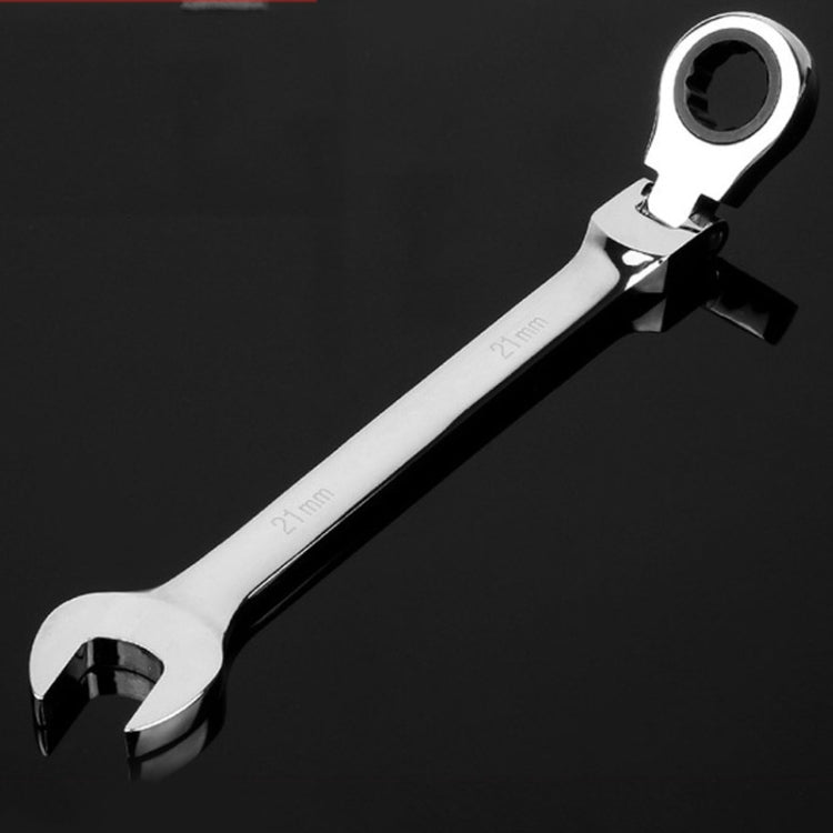 Flexible-head ratchet wrench with 21mm marking on the open-end jaw
