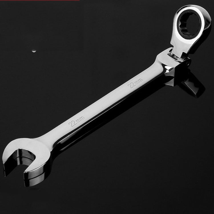 Flexible-head ratchet wrench with 22mm marking on the open-end jaw