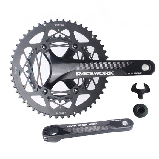 Racework road bike crankset with dual chainrings and black aluminum crank arms