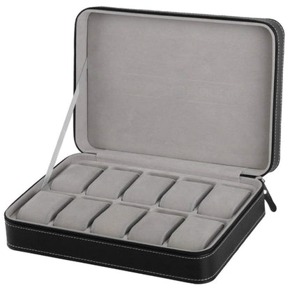 PU watch storage box with zipper, open lid and padded gray compartments