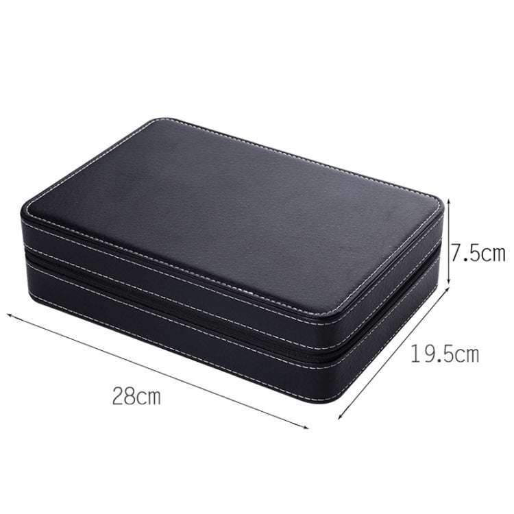 Black PU zippered watch box, flat top design with size dimensions shown