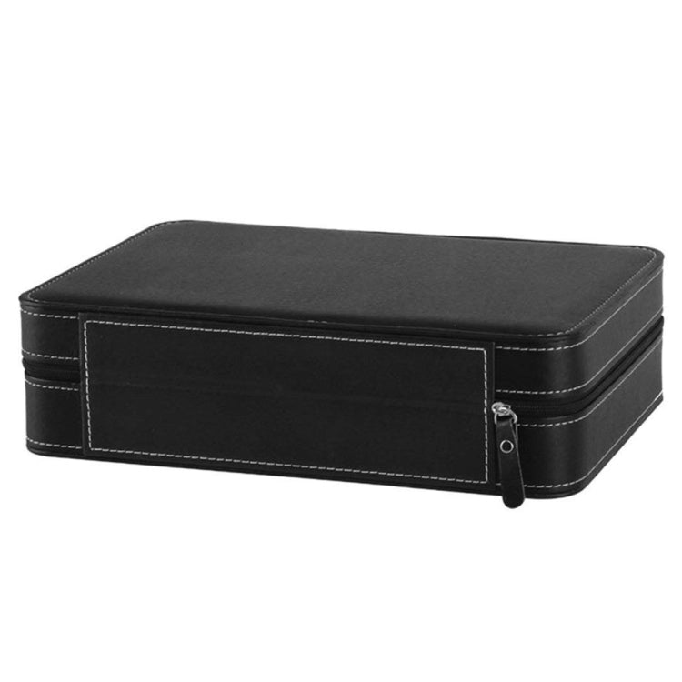 Black PU watch storage box with front zipper pocket and padded interior