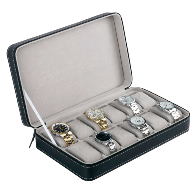 12-watch zipper watch storage box, black PU case with gray compartments and watches