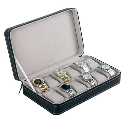 12-watch zipper watch storage box, black PU case with gray compartments and watches